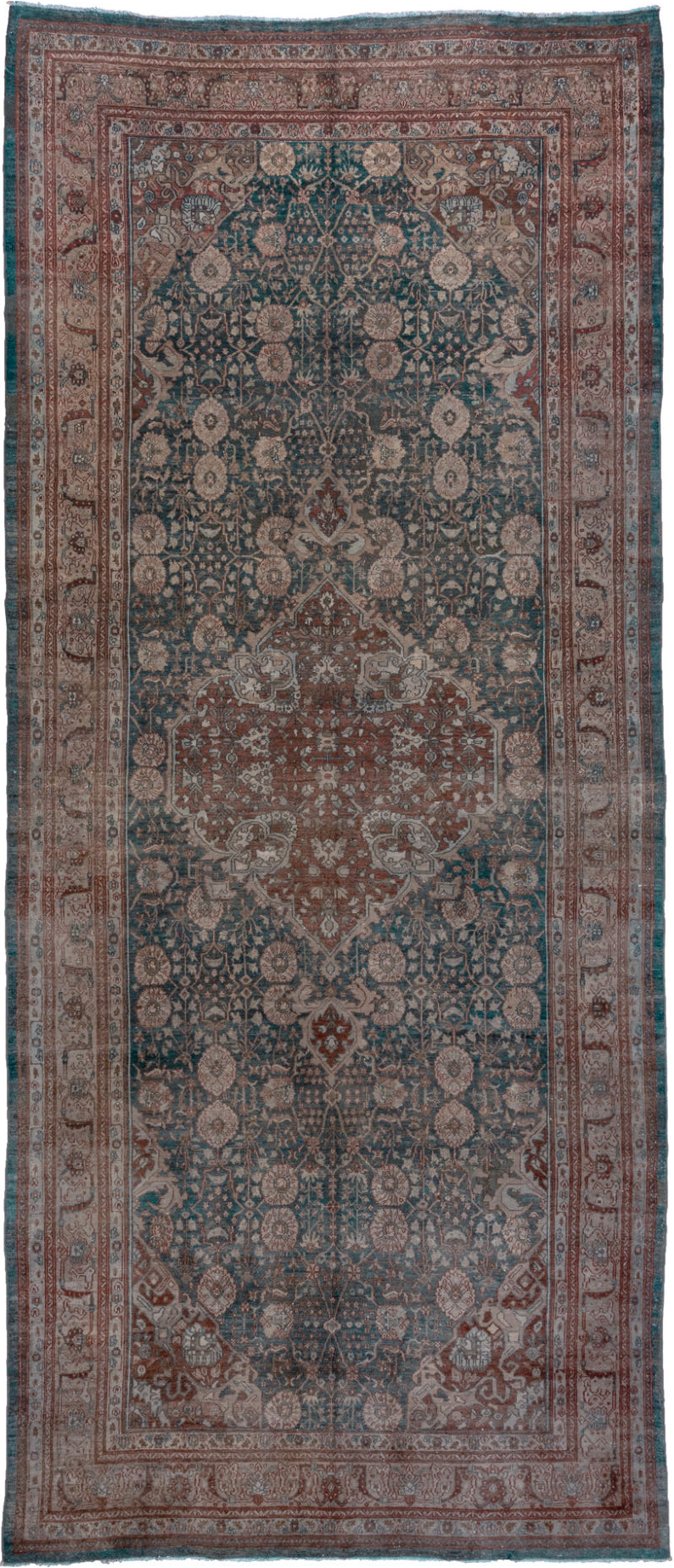 7' x 17' one-of-a-kind handmade vintage Malayer rug. Color palette: black, blue, brown, charcoal, dark gray, dark slate gray
