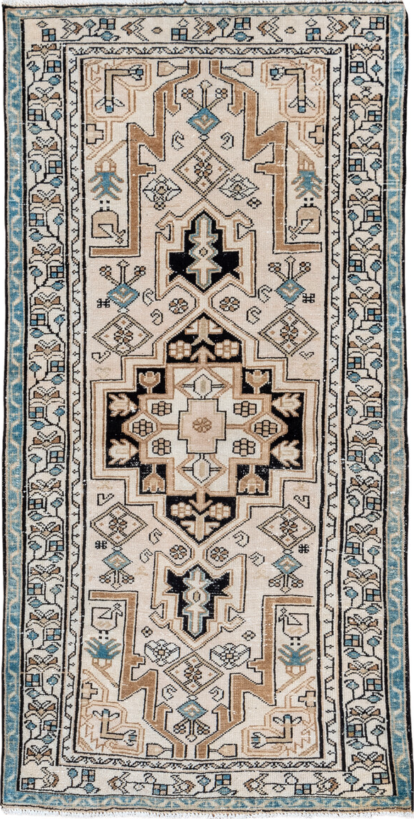 3' x 6' one-of-a-kind handmade vintage Malayer runner rug. Color palette: gray, light gray, black, off-white, blue, silver