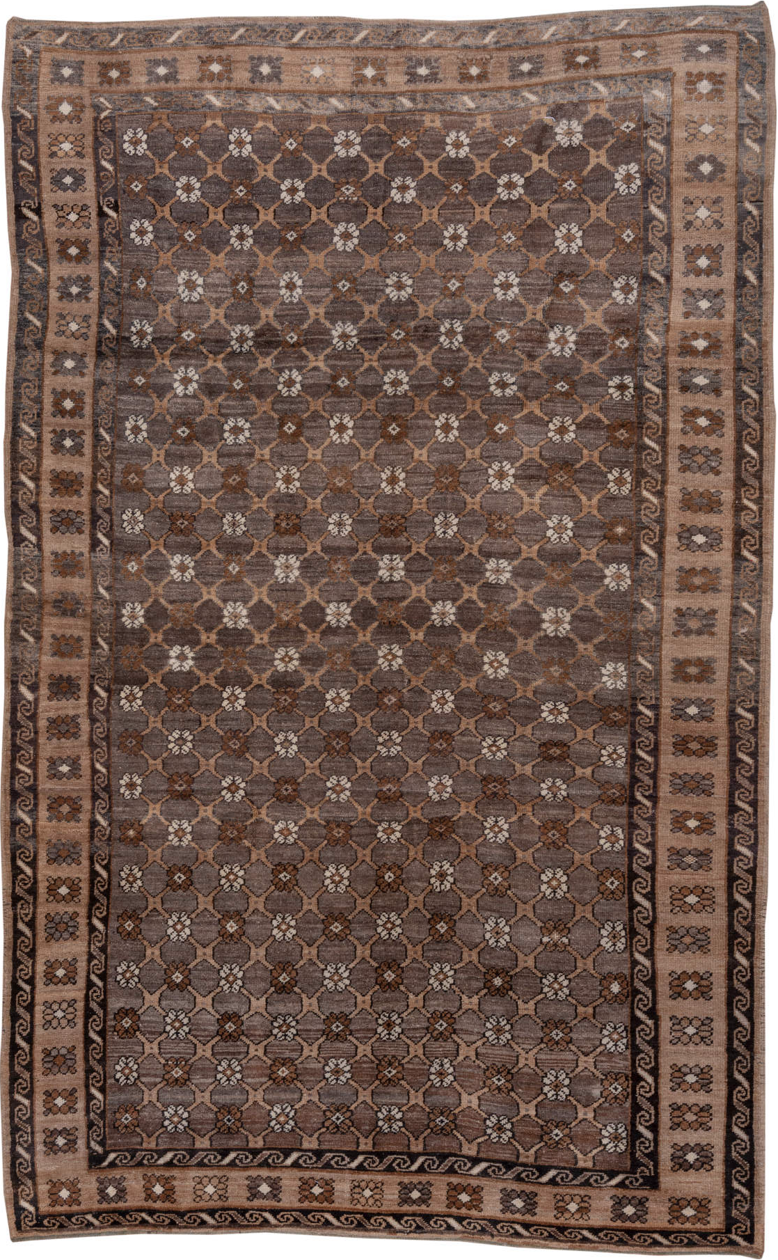 7' x 11' one-of-a-kind handmade vintage Kars large size rug. Color palette: black, brown, gray, light gray, off-white, pink