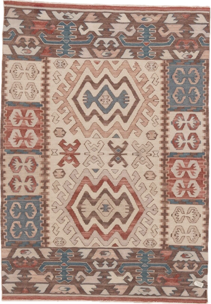 2' x 4' one-of-a-kind handmade vintage Kilim small size rug. Color palette: dim gray, gray, light gray, off-white, pink