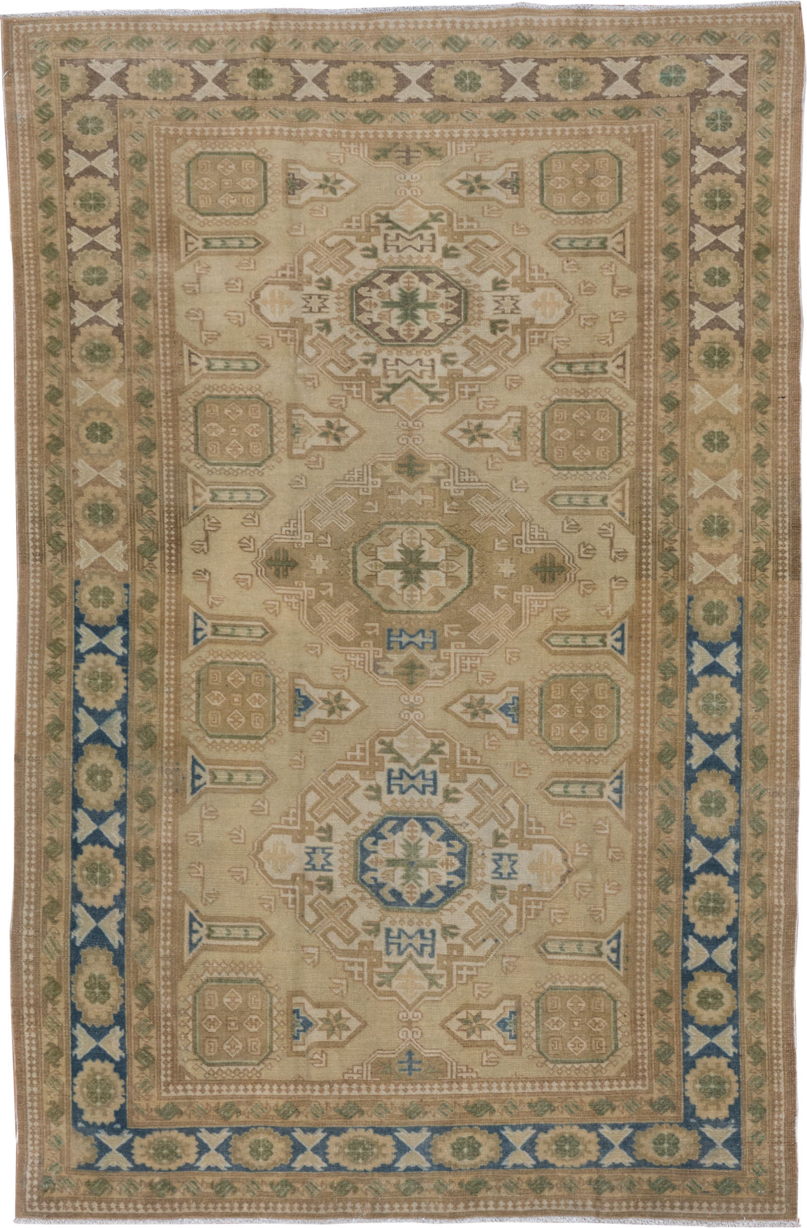 4' x 6' one-of-a-kind handmade vintage Oushak small size rug. Color palette: blue, brown, dim gray, gray