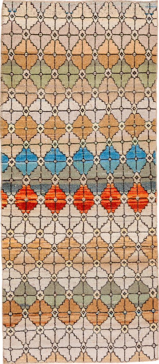 2' x 6' one-of-a-kind handmade vintage Oushak runner rug. Color palette: off-white, light gray, brown, gray, red, yellow