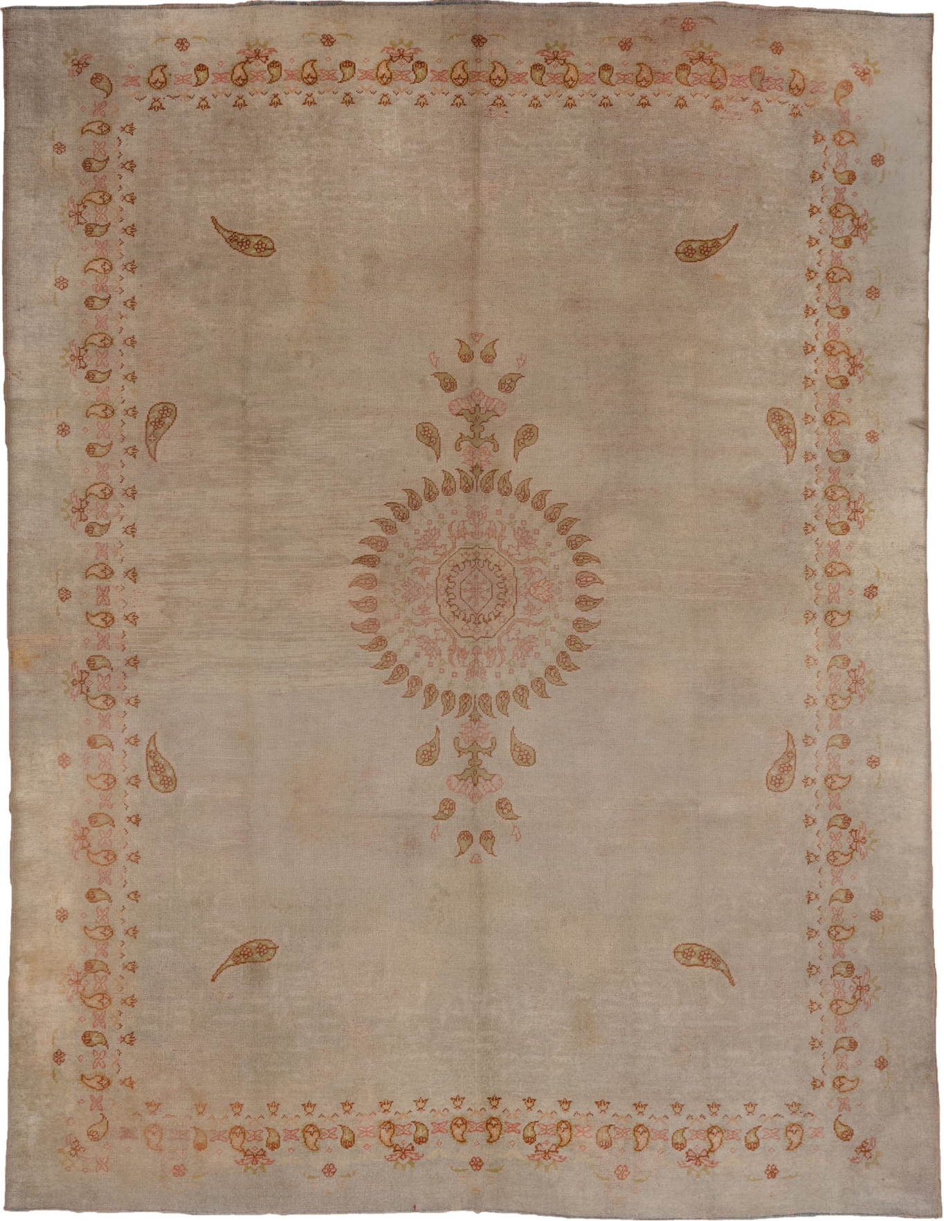 9' x 12' one-of-a-kind handmade vintage Oushak large size rug. Color palette: brown, gray, off-white, pink, snow, white