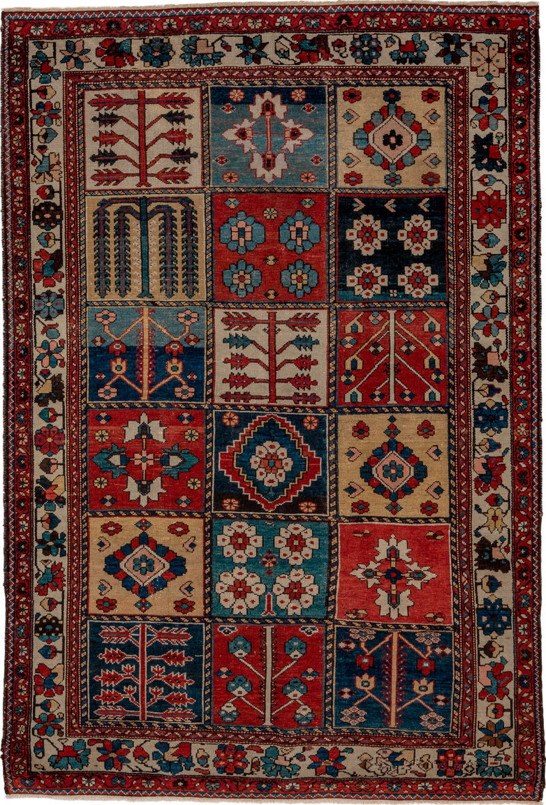 4' x 6' one-of-a-kind handmade vintage Baktiary small size rug. Color palette: blue, gray, brown, red, pink, black