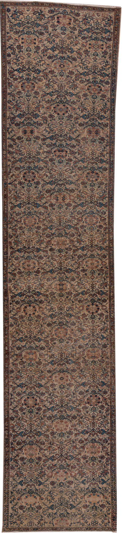 3' x 16' one-of-a-kind handmade vintage Sivas runner rug. Color palette: black, brown, charcoal, gray, off-white, pink