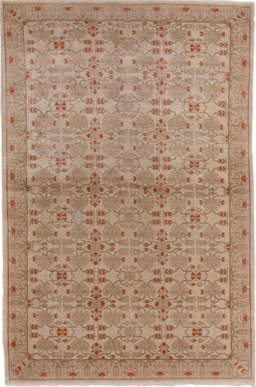 4' x 5' one-of-a-kind handmade vintage Hereke small size rug. Color palette: brown, gray, light gray, off-white, pink