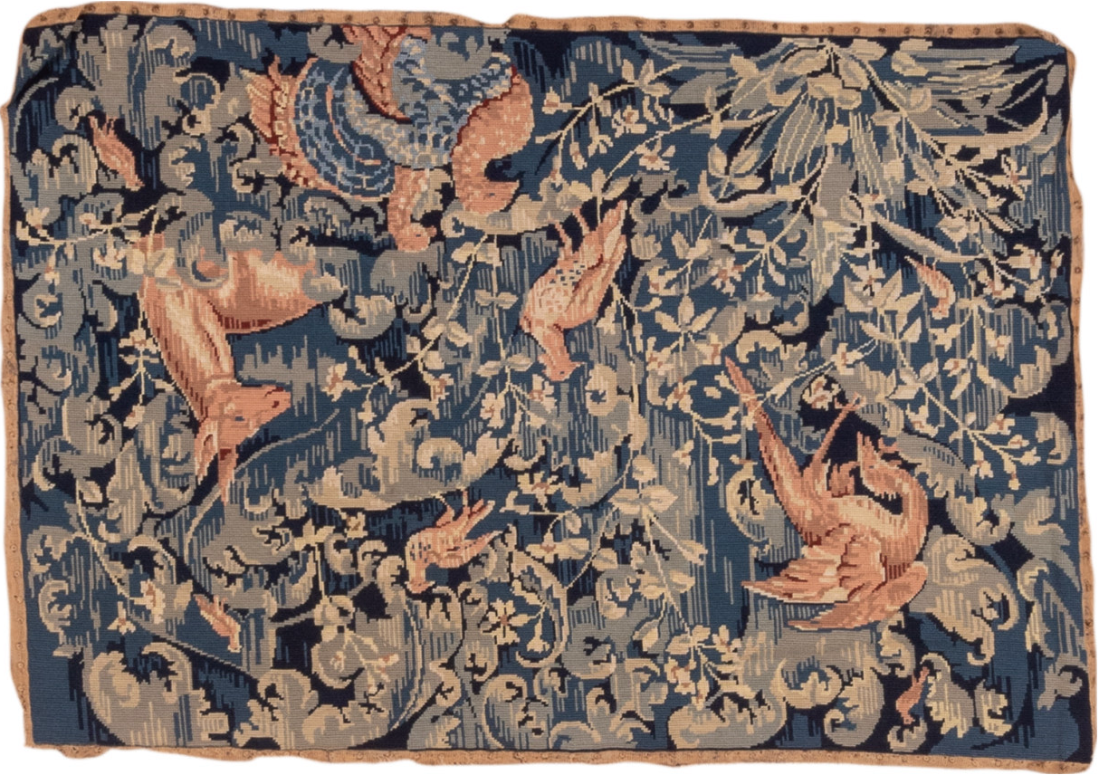 2' x 4' one-of-a-kind handmade vintage Needlepoint small size rug. Color palette: black, blue, brown, charcoal, dark gray