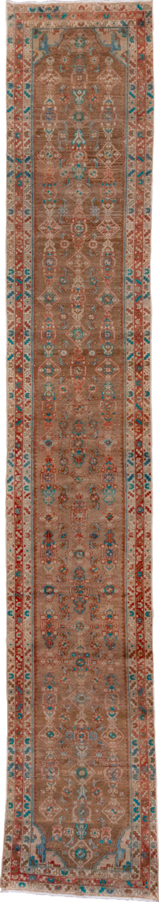 2' x 15' one-of-a-kind handmade vintage Malayer runner rug. Color palette: pink, gray, brown, red, off-white, blue, green
