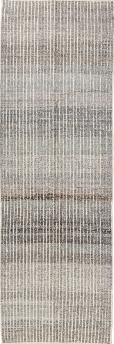 3' x 9' one-of-a-kind handmade vintage Tulu runner rug. Color palette: dark gray, gray, light gray, off-white, pink, silver