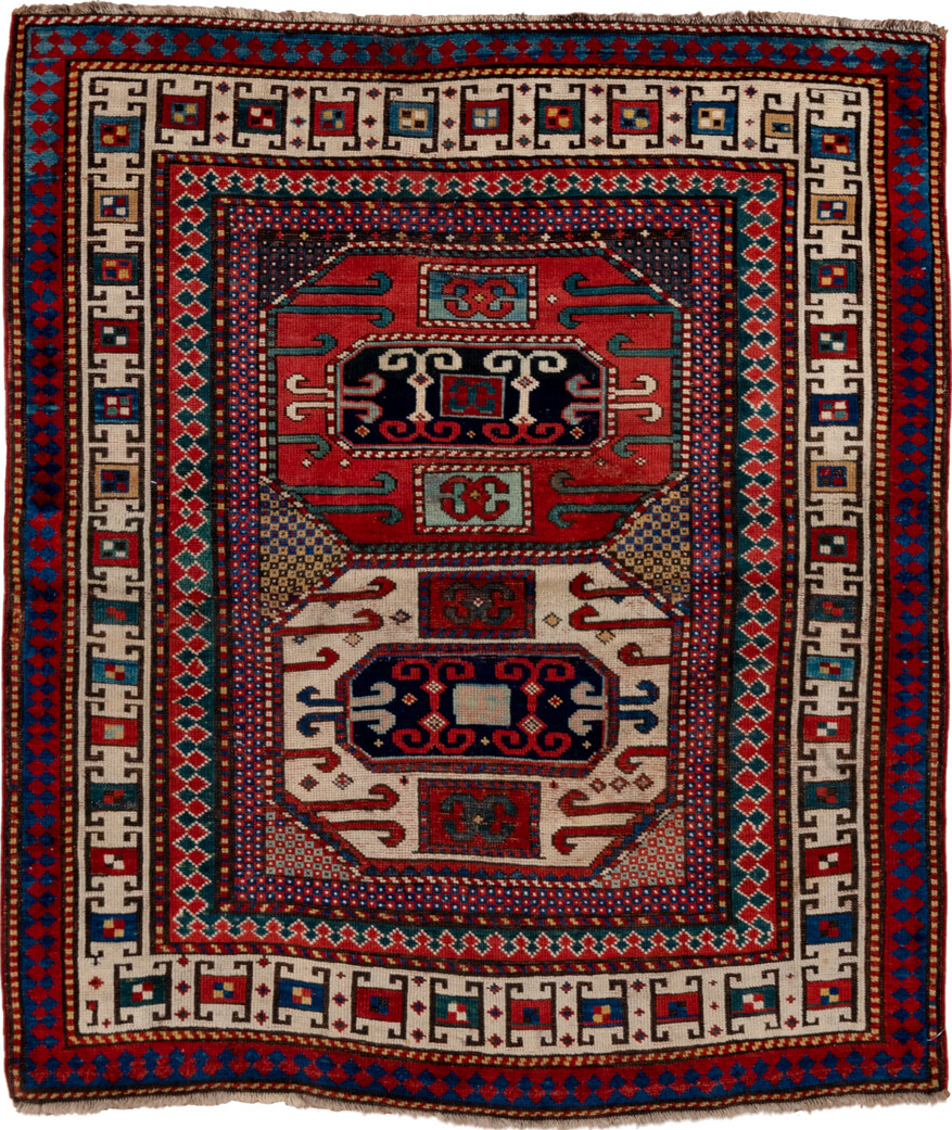 4' x 4' one-of-a-kind handmade vintage Kazak small size rug. Color palette: off-white, gray, brown, blue, red, light gray