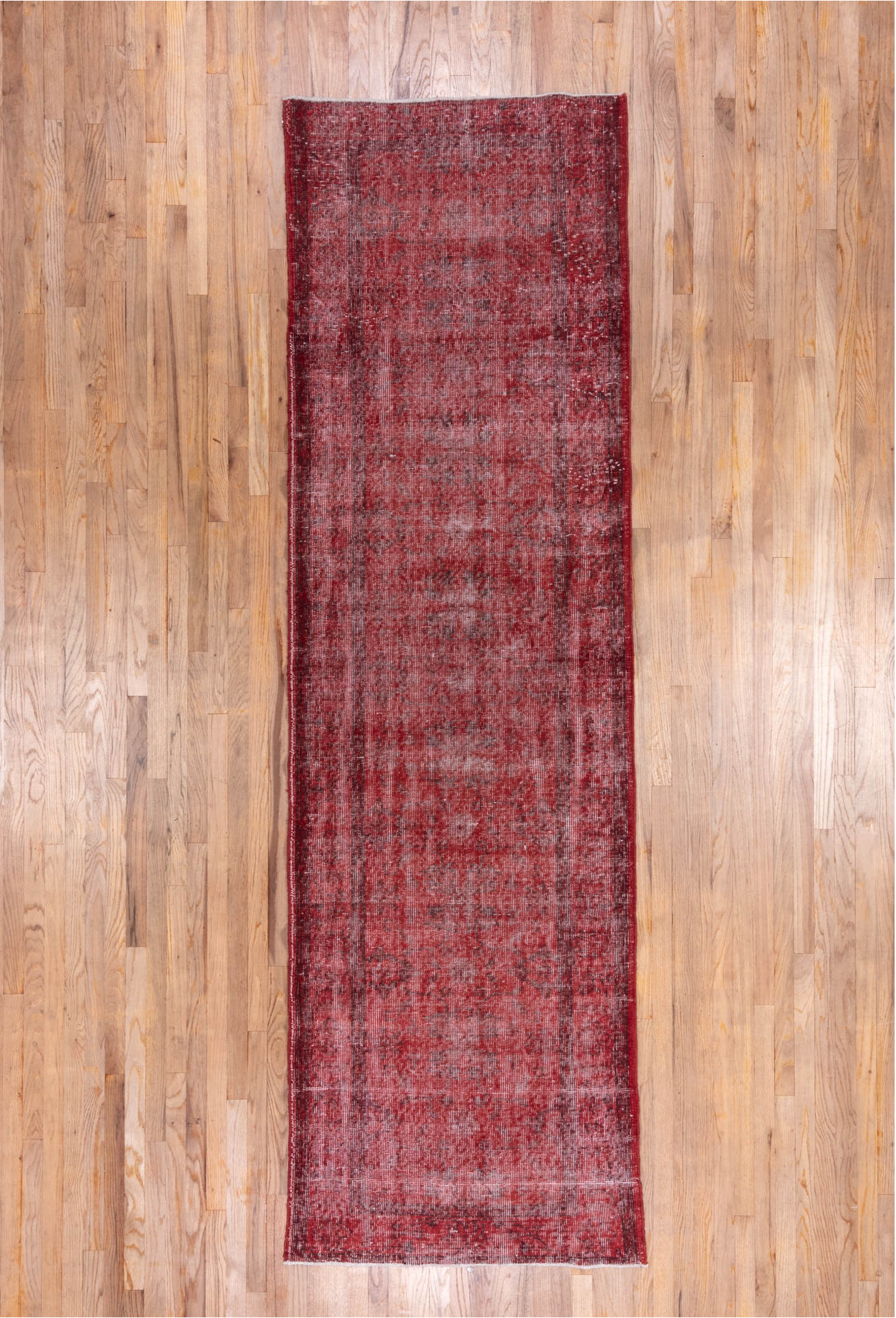 3' x 10' one-of-a-kind handmade vintage Overdyed runner rug. Color palette: brown, off-white, orange, pink, red, wine