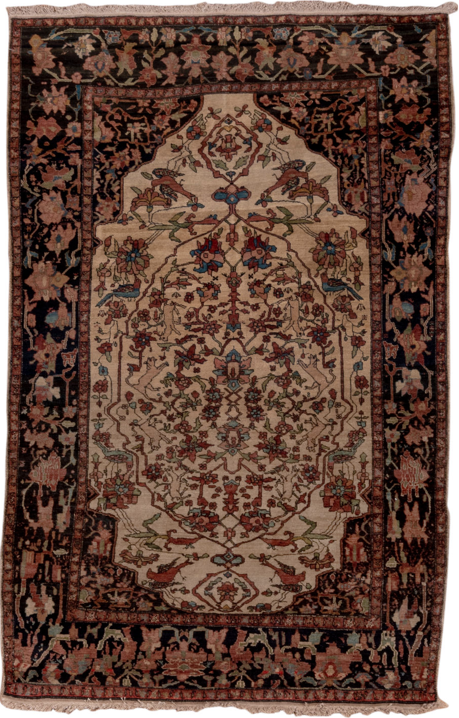 4' x 6' one-of-a-kind handmade vintage Far.Sarouk small size rug. Color palette: black, brown, gray, pink, redwood