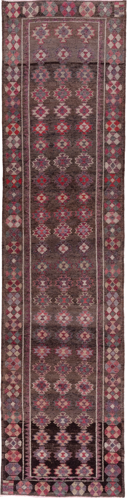 3' x 12' one-of-a-kind handmade vintage Kars runner rug. Color palette: brown, gray, light gray, pink, red