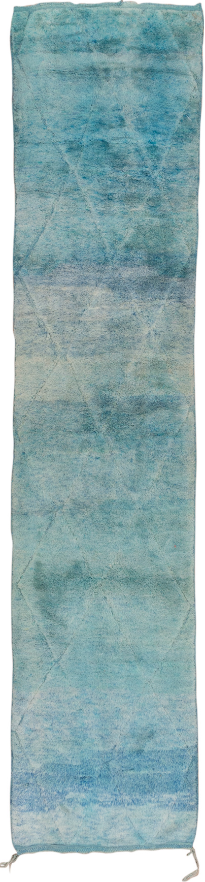 2' x 13' one-of-a-kind handmade vintage Moroccan runner rug. Color palette: blue, dark slate gray, gray, light blue