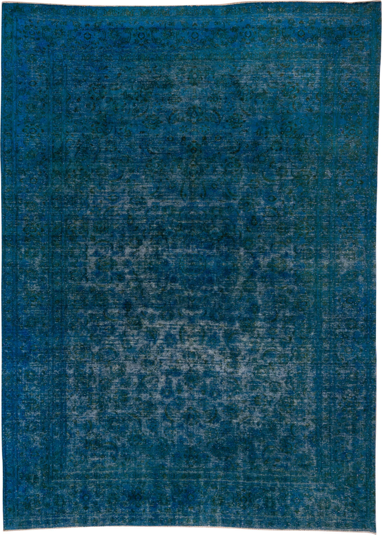 9' x 13' one-of-a-kind handmade vintage Overdyed large size rug. Color palette: arapawa, blue, gray, light gray