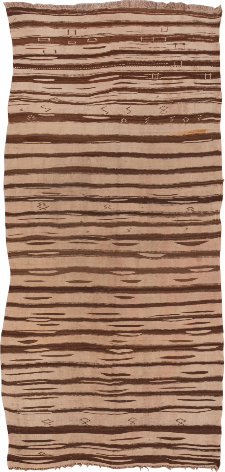 4' x 9' one-of-a-kind handmade vintage Kilim runner rug. Color palette: brown, light gray, off-white, pink, snow, white