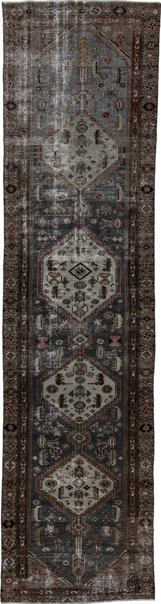 12' x 3' one-of-a-kind handmade vintage Malayer rug. Color palette: black, brown, charcoal, gray, light gray, silver