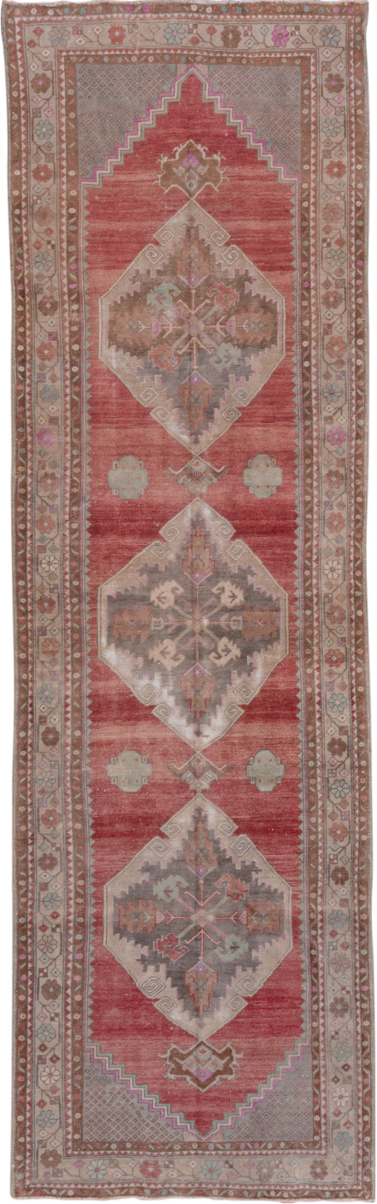 3' x 11' one-of-a-kind handmade vintage Oushak runner rug. Color palette: brown, gray, off-white, pink, red, snow, white