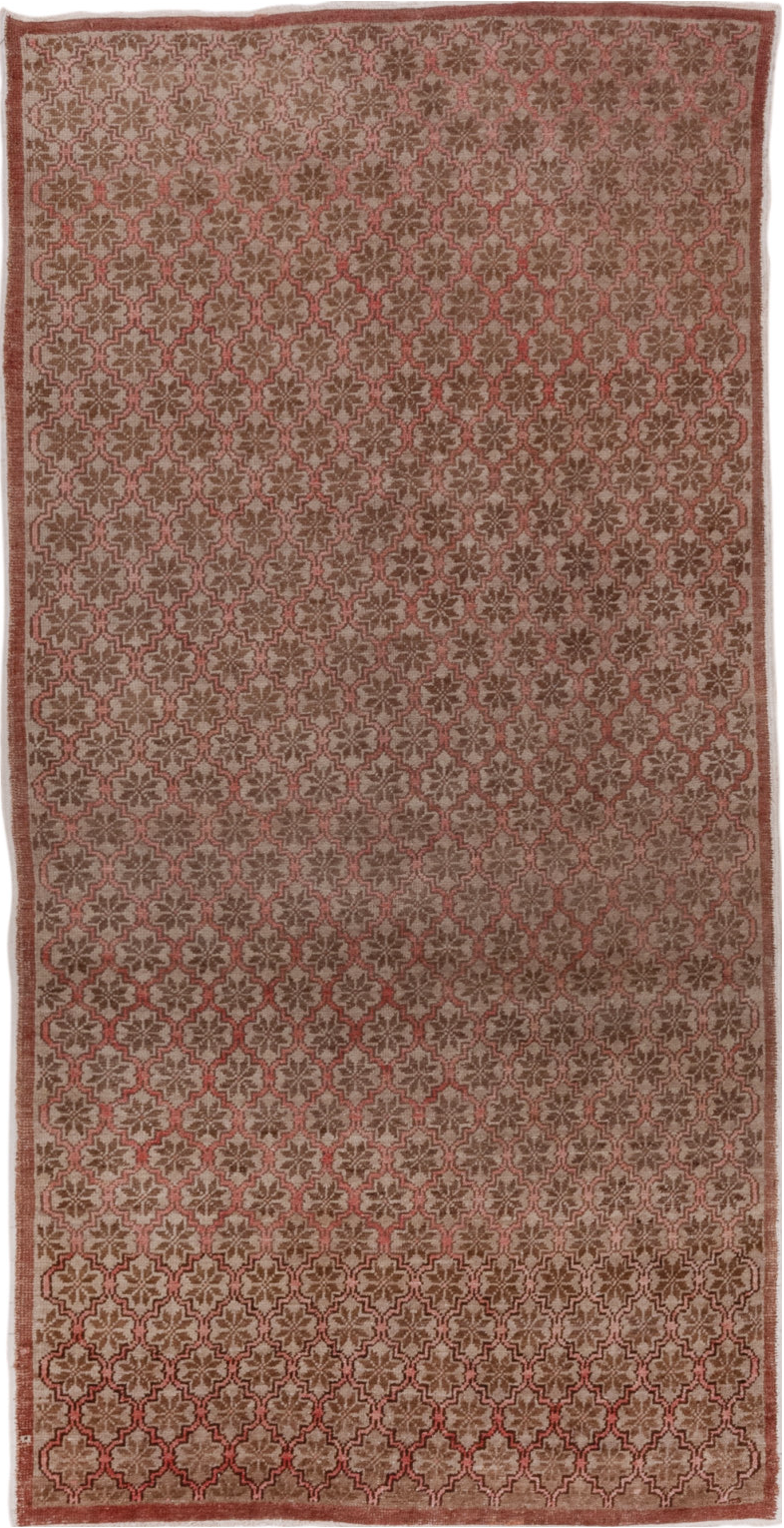 4' x 8' one-of-a-kind handmade vintage Oushak rug. Color palette: brown, gray, light gray, off-white, pink