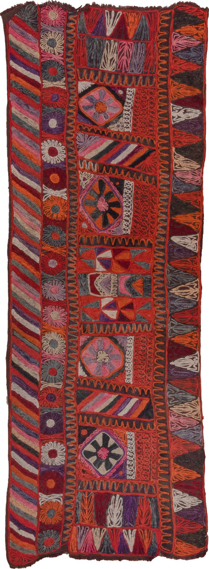 2' x 6' one-of-a-kind handmade vintage Kilim runner rug. Color palette: gray, brown, pink, red