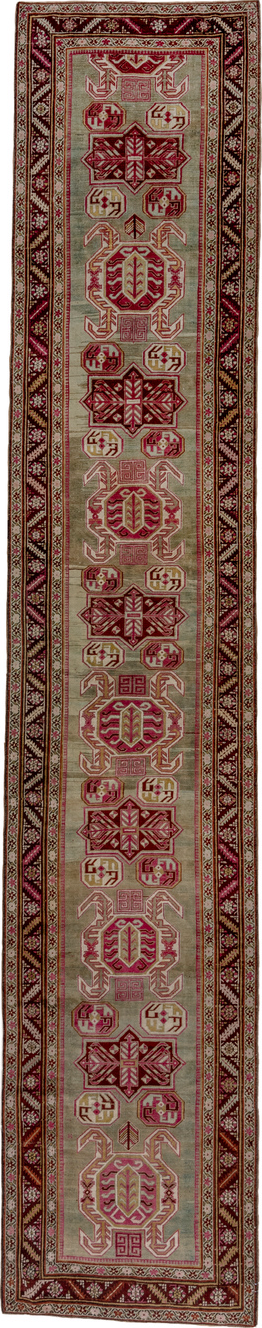 3' x 17' one-of-a-kind handmade vintage Caucasian runner rug. Color palette: brown, gray, red, off-white, white, snow