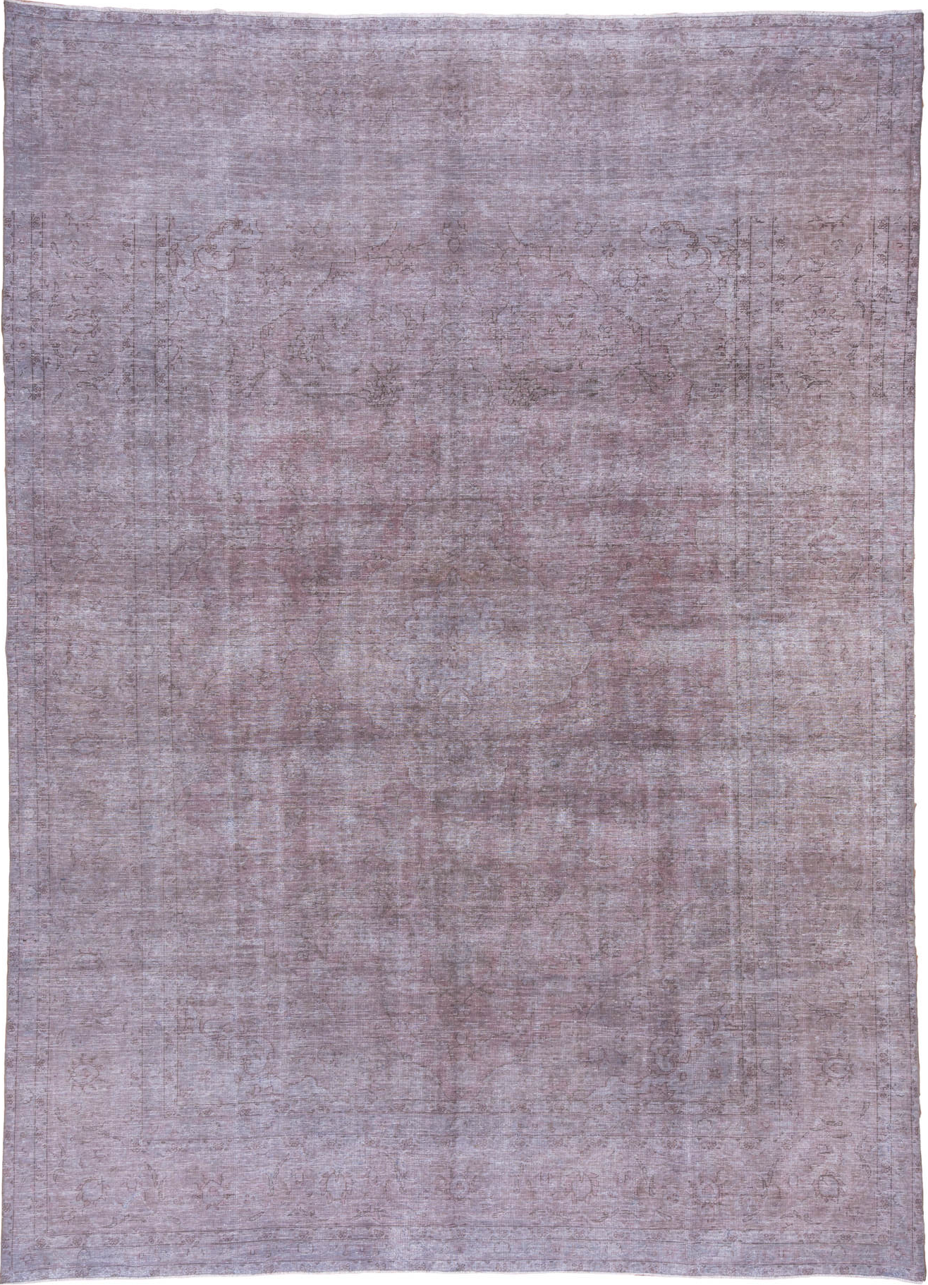 9' x 12' one-of-a-kind handmade vintage Overdyed large size rug. Color palette: gray, light blue, light gray, pink