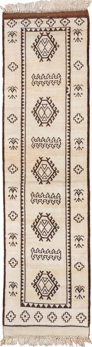 2' x 9' one-of-a-kind handmade vintage Kars runner rug. Color palette: brown, off-white, light gray, gray, antiquewhite