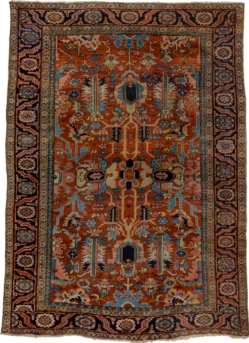 8' x 11' one-of-a-kind handmade vintage Serapi large size rug. Color palette: gray, blue, brown, black, arapawa