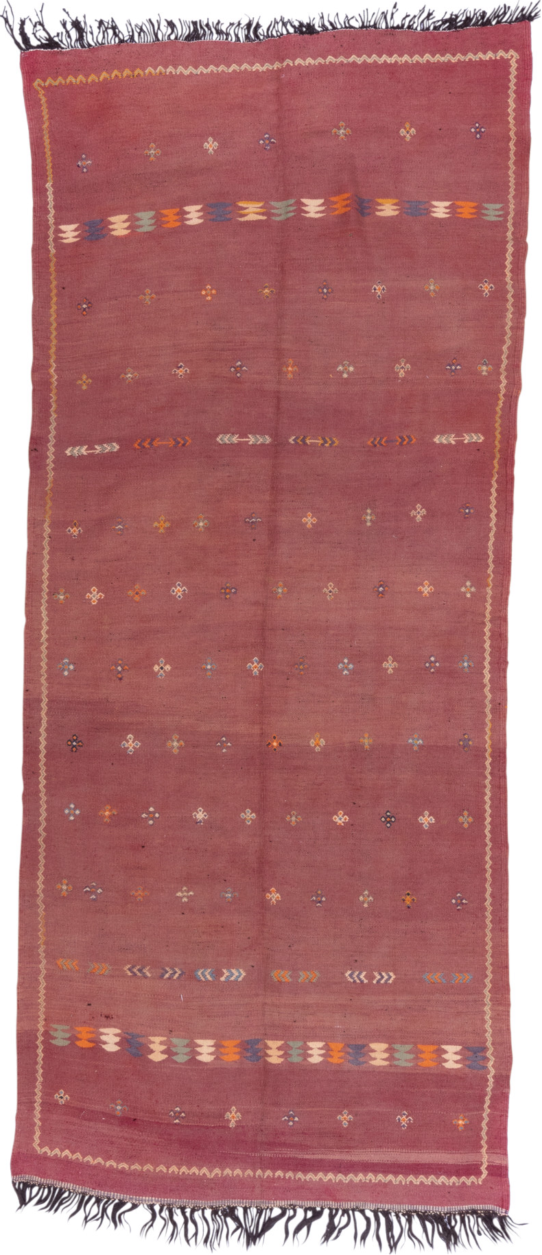 5' x 12' one-of-a-kind handmade vintage Kilim rug. Color palette: brown, gray, light gray, orange, pink, red