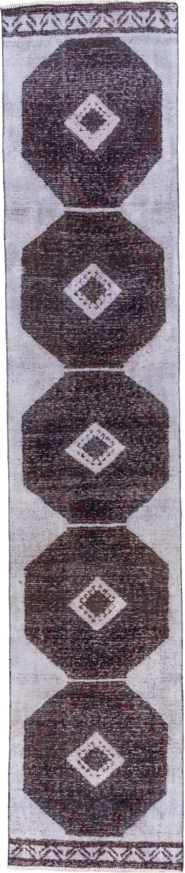 2' x 13' one-of-a-kind handmade vintage Oushak runner rug. Color palette: gray, light gray, off-white, pink, snow, white