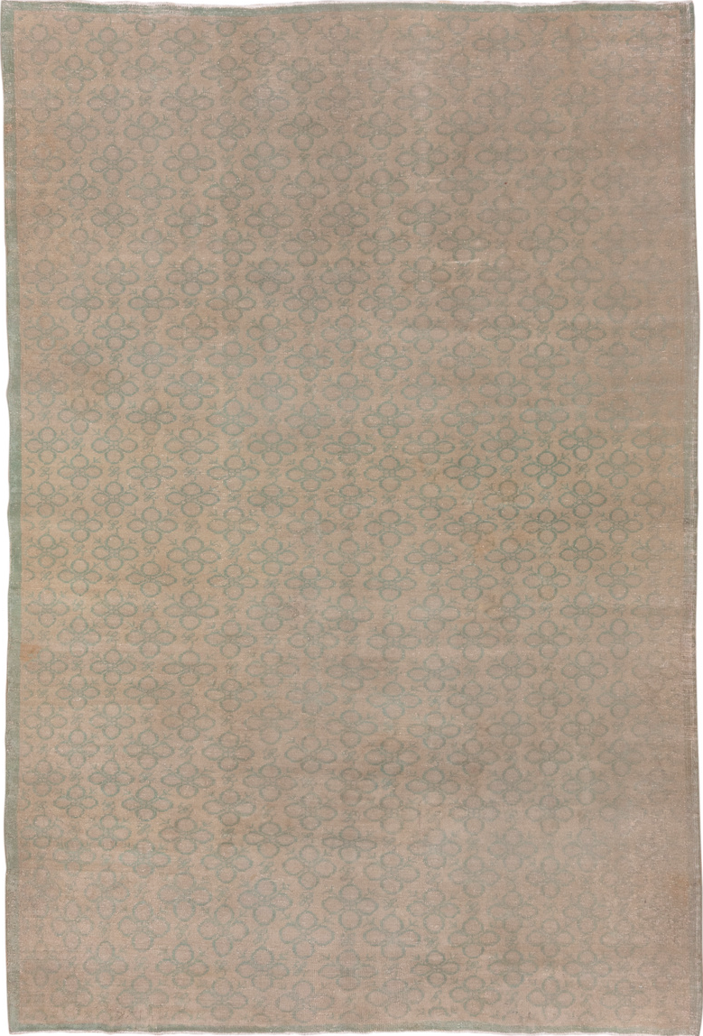 6' x 9' one-of-a-kind handmade vintage Oushak medium size rug. Color palette: pink, brown, off-white, gray, light gray