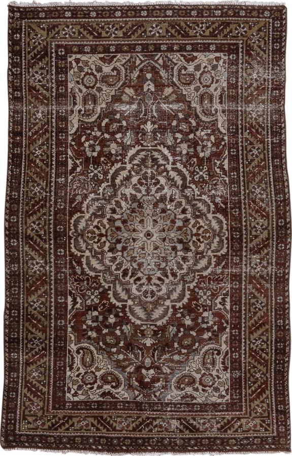 4' x 6' one-of-a-kind handmade vintage Baktiary small size rug. Color palette: gray, light gray, brown, pink, dim gray