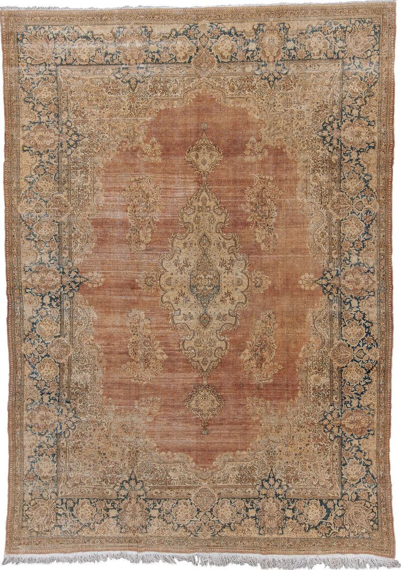 8' x 11' one-of-a-kind handmade vintage Kerman large size rug. Color palette: gray, brown, orange, pink, black, off-white