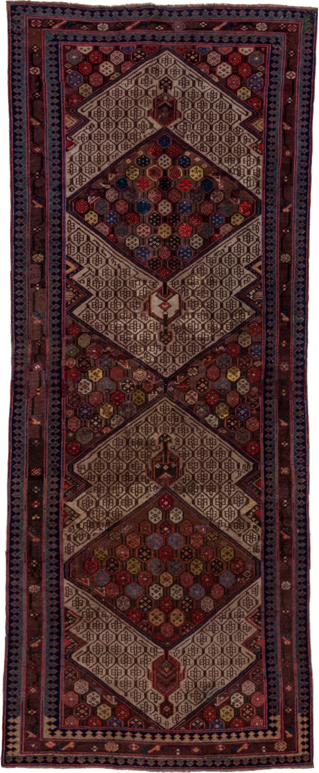 4' x 10' one-of-a-kind handmade vintage Cam Hamadan runner rug. Color palette: black, blue, brown, gray, pink, red, wine