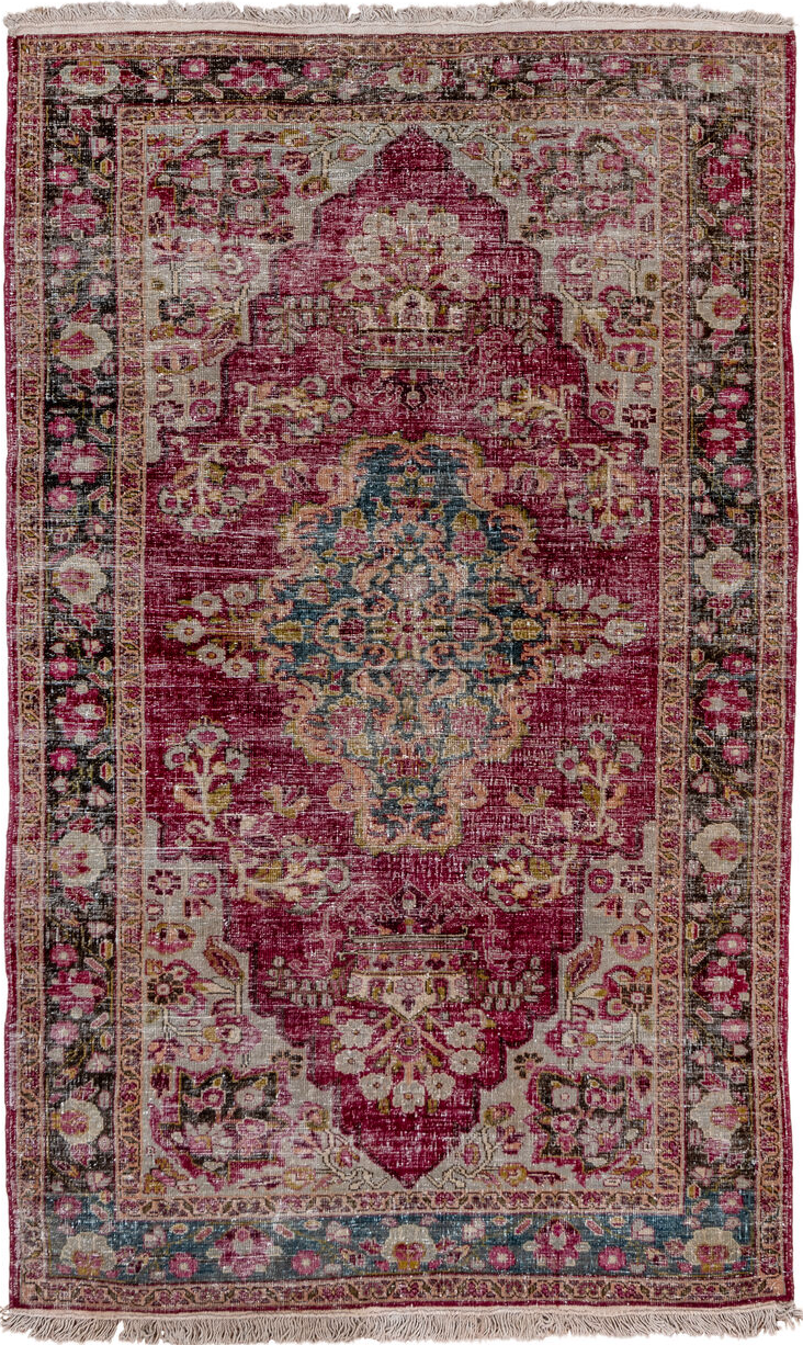 4' x 7' one-of-a-kind handmade vintage Sivas rug. Color palette: red, brown, gray, light gray, pink, off-white, black