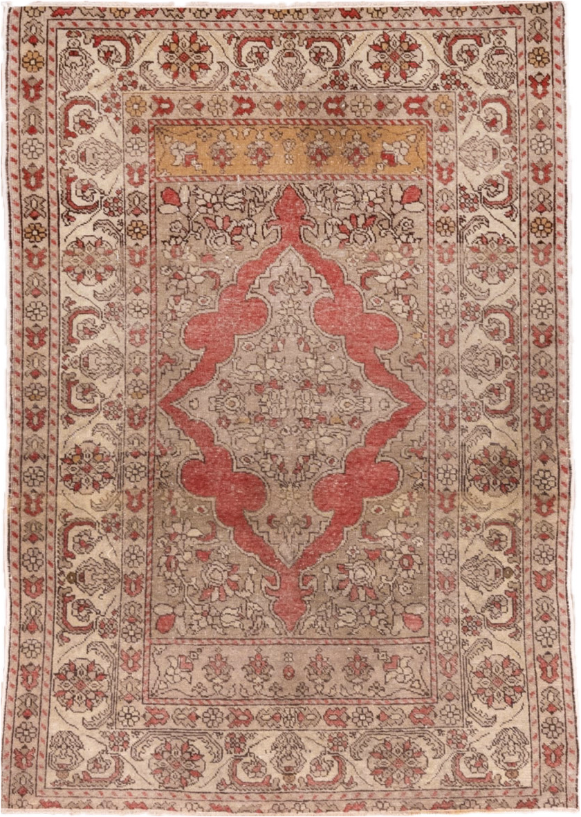 3' x 5' one-of-a-kind handmade vintage Oushak small size rug. Color palette: brown, off-white, orange, pink, red, redwood