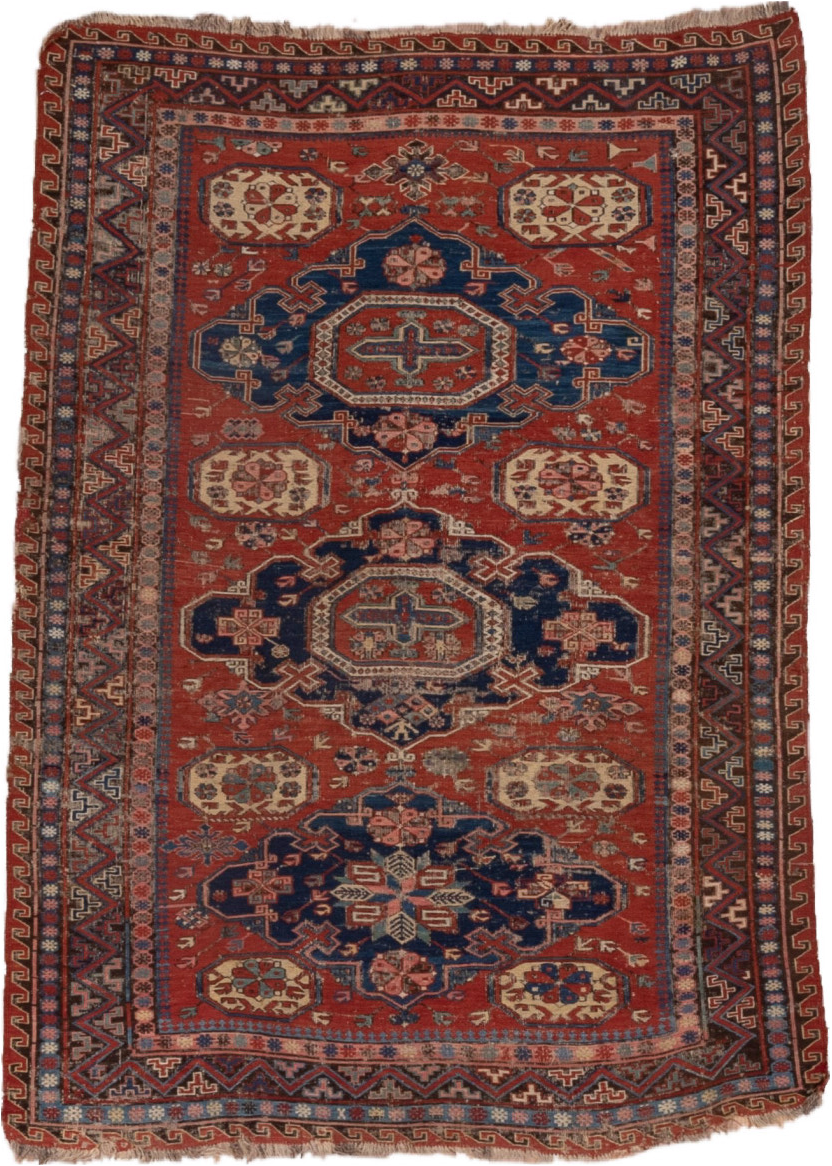 4' x 6' one-of-a-kind handmade vintage Sumak small size rug. Color palette: blue, brown, gray, light gray, pink, red