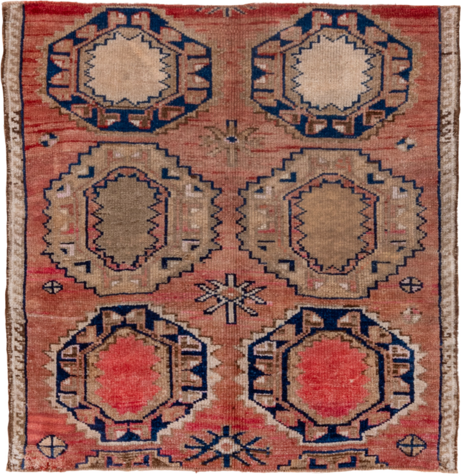 4' x 4' one-of-a-kind handmade vintage Kars small size rug. Color palette: brown, gray, light gray, pink, red