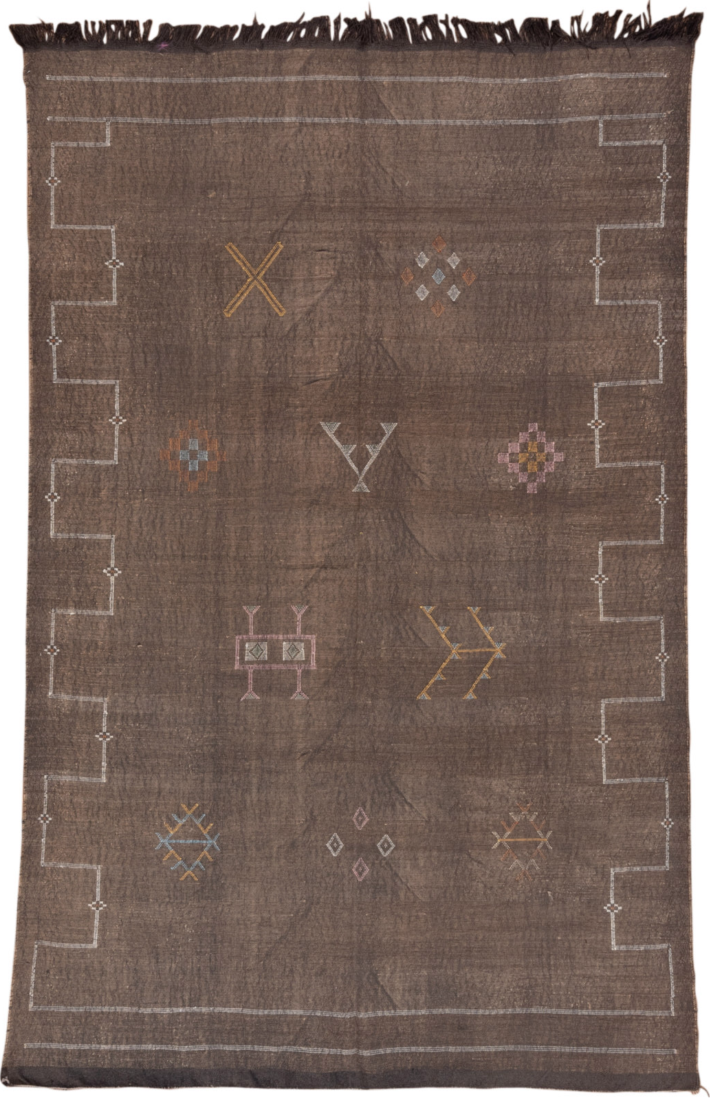 5' x 8' one-of-a-kind handmade vintage Cactus Kilim medium size rug. Color palette: gray, brown, off-white, light gray