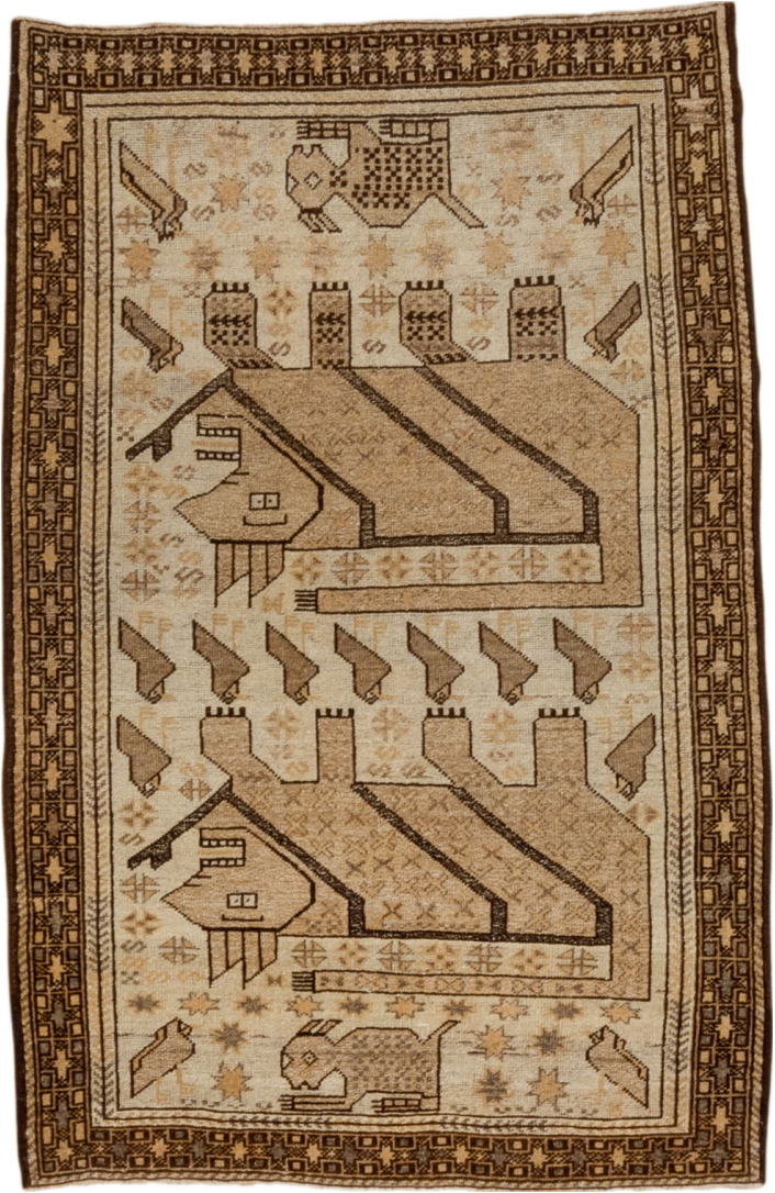 3' x 4' one-of-a-kind handmade vintage Belouch small size rug. Color palette: brown, gray, light gray, off-white