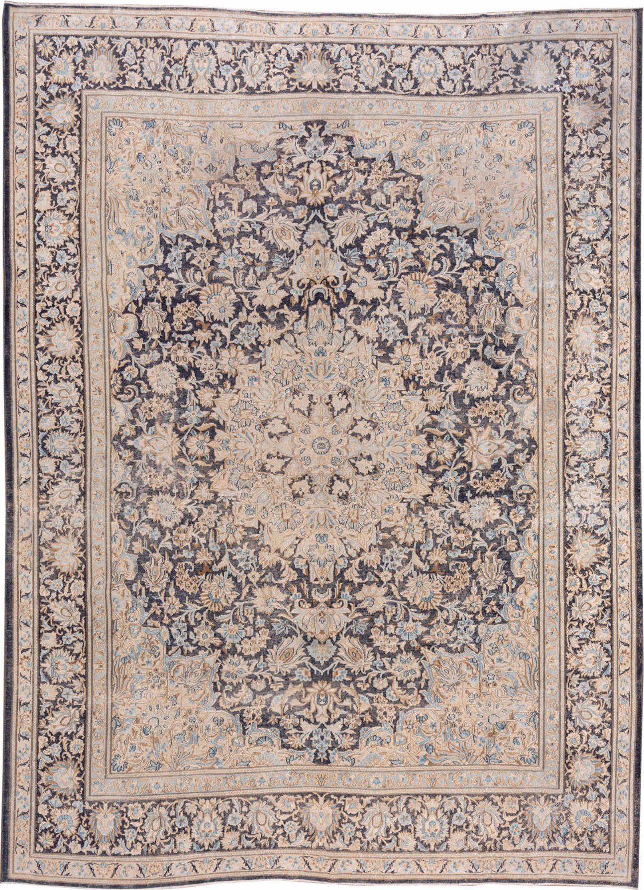 9' x 12' one-of-a-kind handmade vintage Kerman large size rug. Color palette: black, blue, brown, dark gray, gray