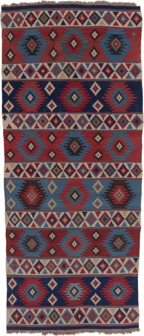 3' x 6' one-of-a-kind handmade vintage Shirvan runner rug. Color palette: arapawa, blue, brown, fiord, gray, pink, red