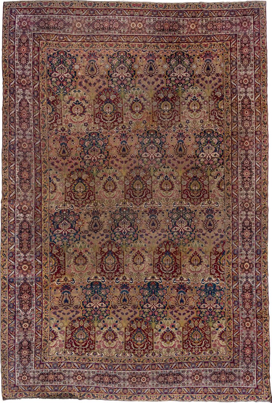 11' x 17' one-of-a-kind handmade vintage Lavar oversize rug. Color palette: pink, brown, off-white, red, gray, blue
