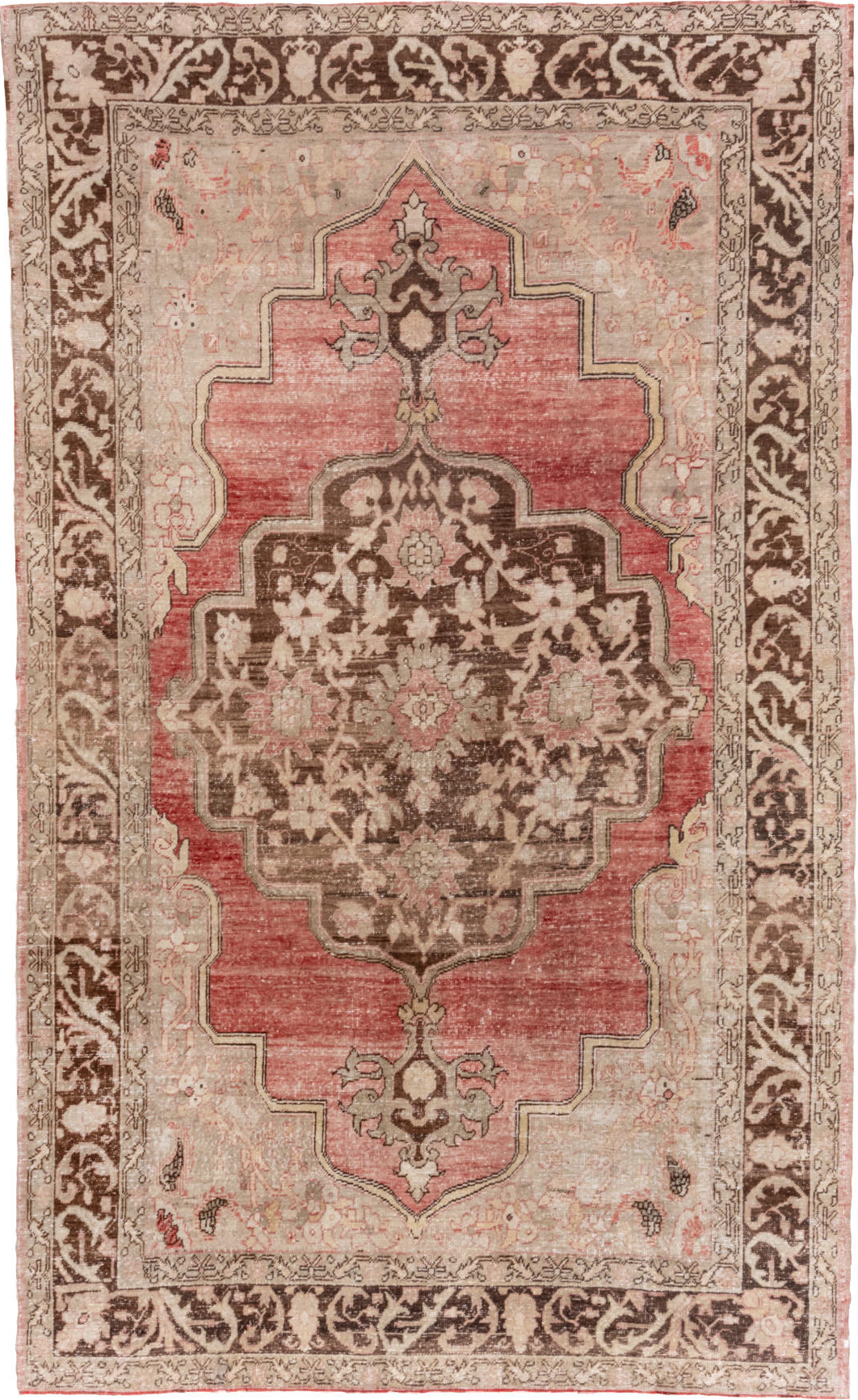 7' x 12' one-of-a-kind handmade vintage Oushak large size rug. Color palette: brown, gray, light gray, off-white, pink