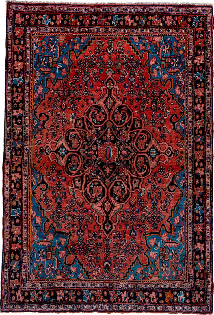 3' x 5' one-of-a-kind handmade vintage Bidjar small size rug. Color palette: brown, red, pink, blue, gray