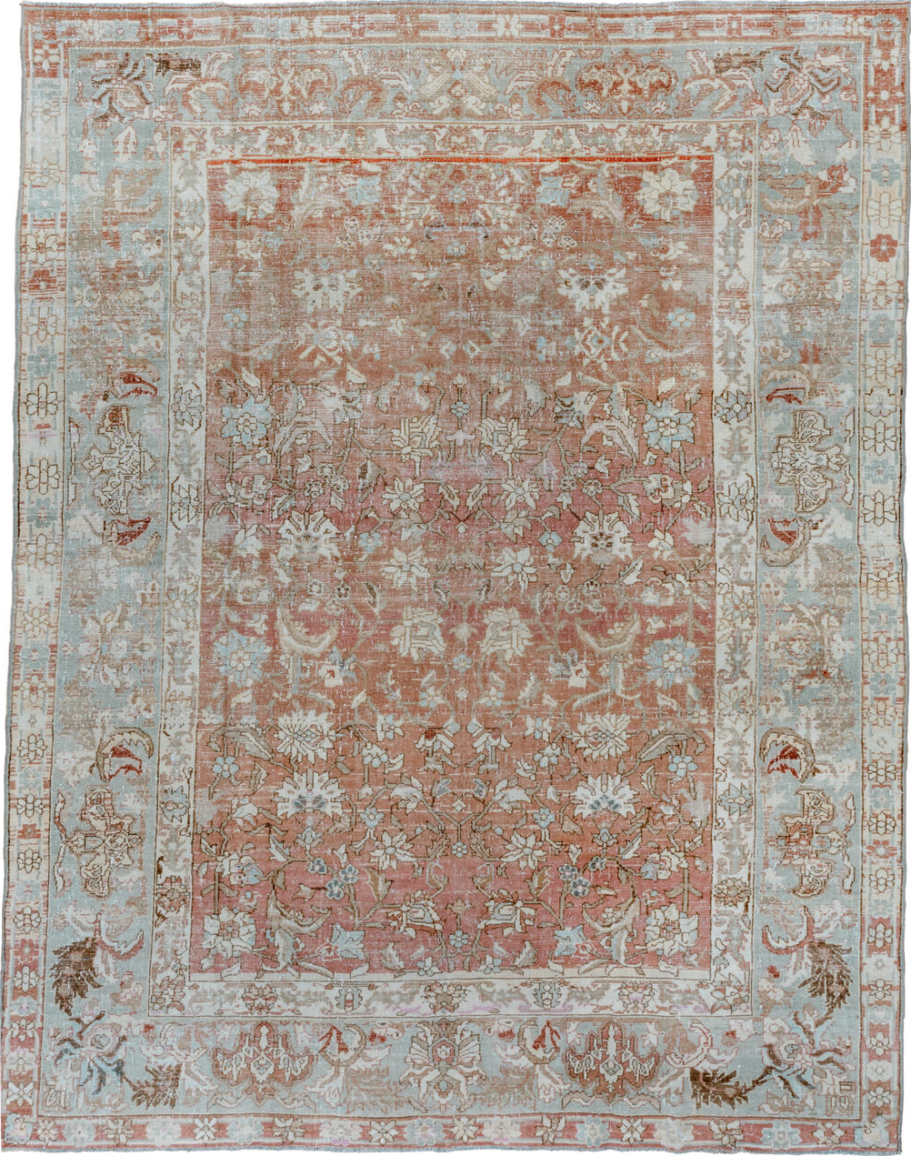 7' x 9' one-of-a-kind handmade vintage Malayer rug. Color palette: brown, gray, light gray, off-white, pink, silver