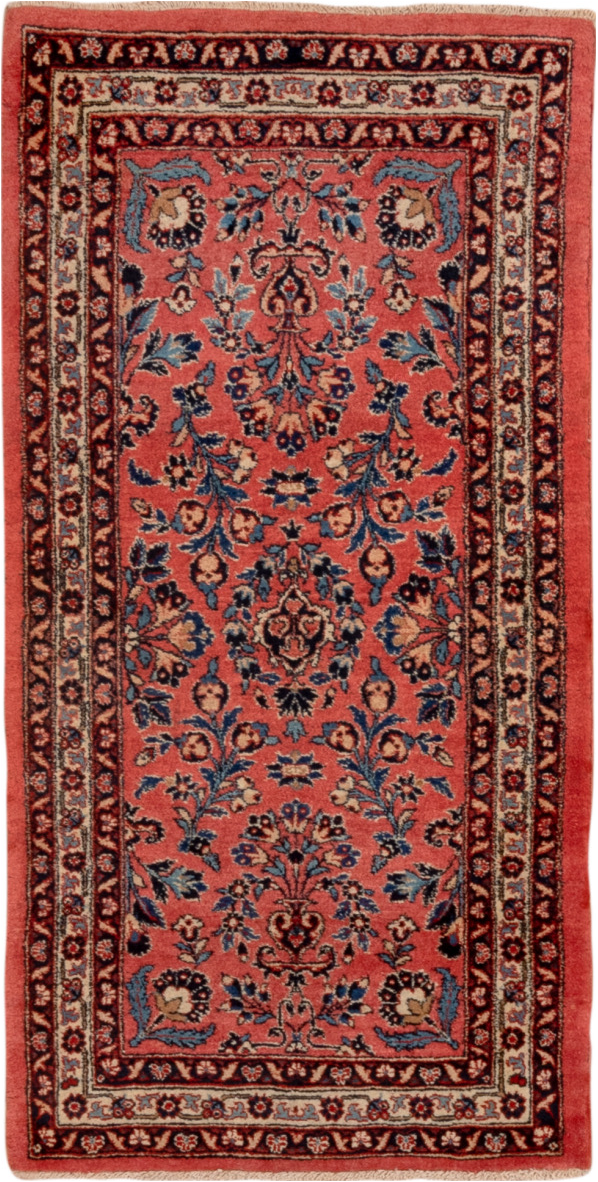 2' x 4' one-of-a-kind handmade vintage Kashan small size rug. Color palette: black, blue, brown, gray, orange, pink, red