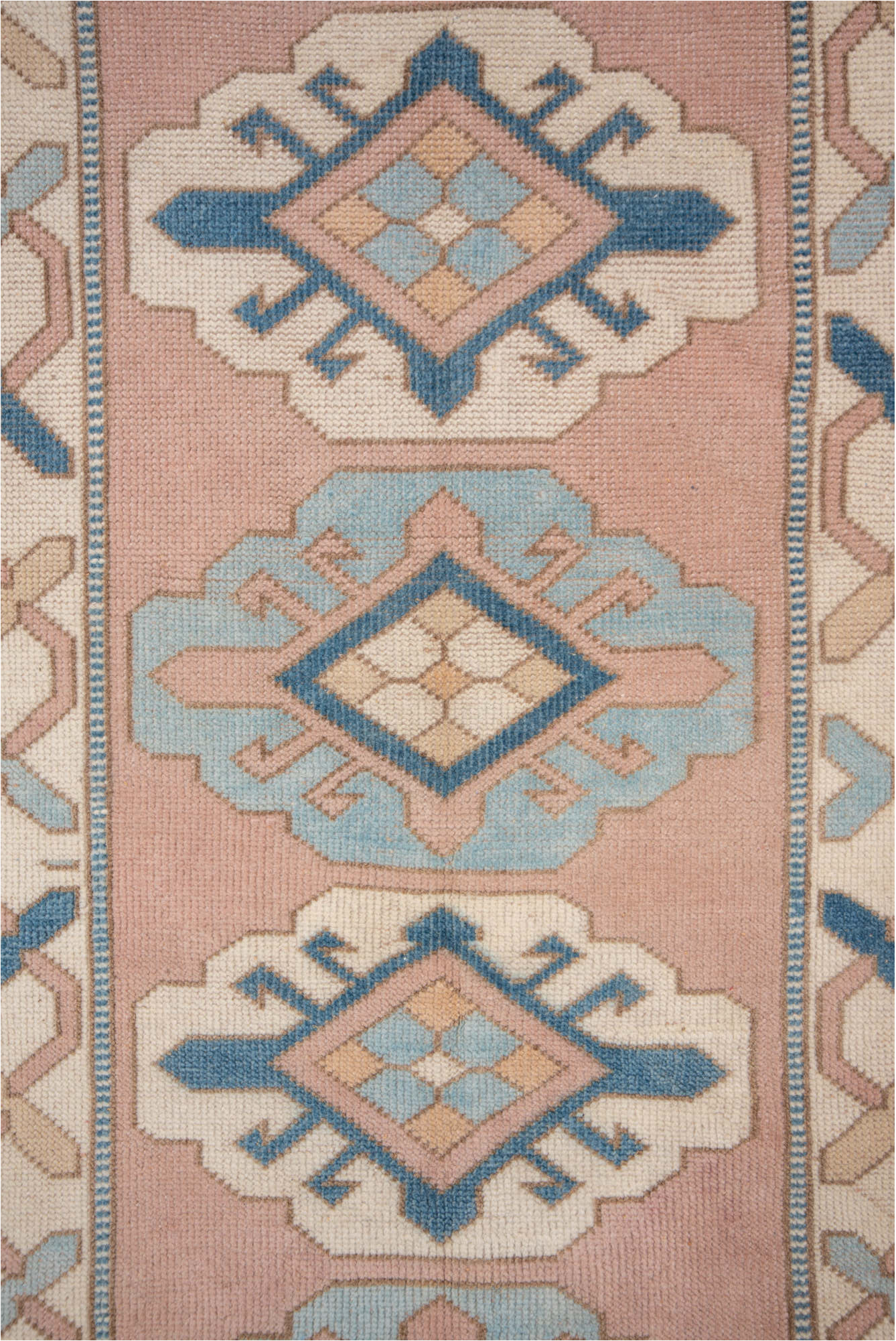 2' x 12' one-of-a-kind handmade vintage Oushak runner rug. Color palette: blue, brown, dark gray, gray, light gray