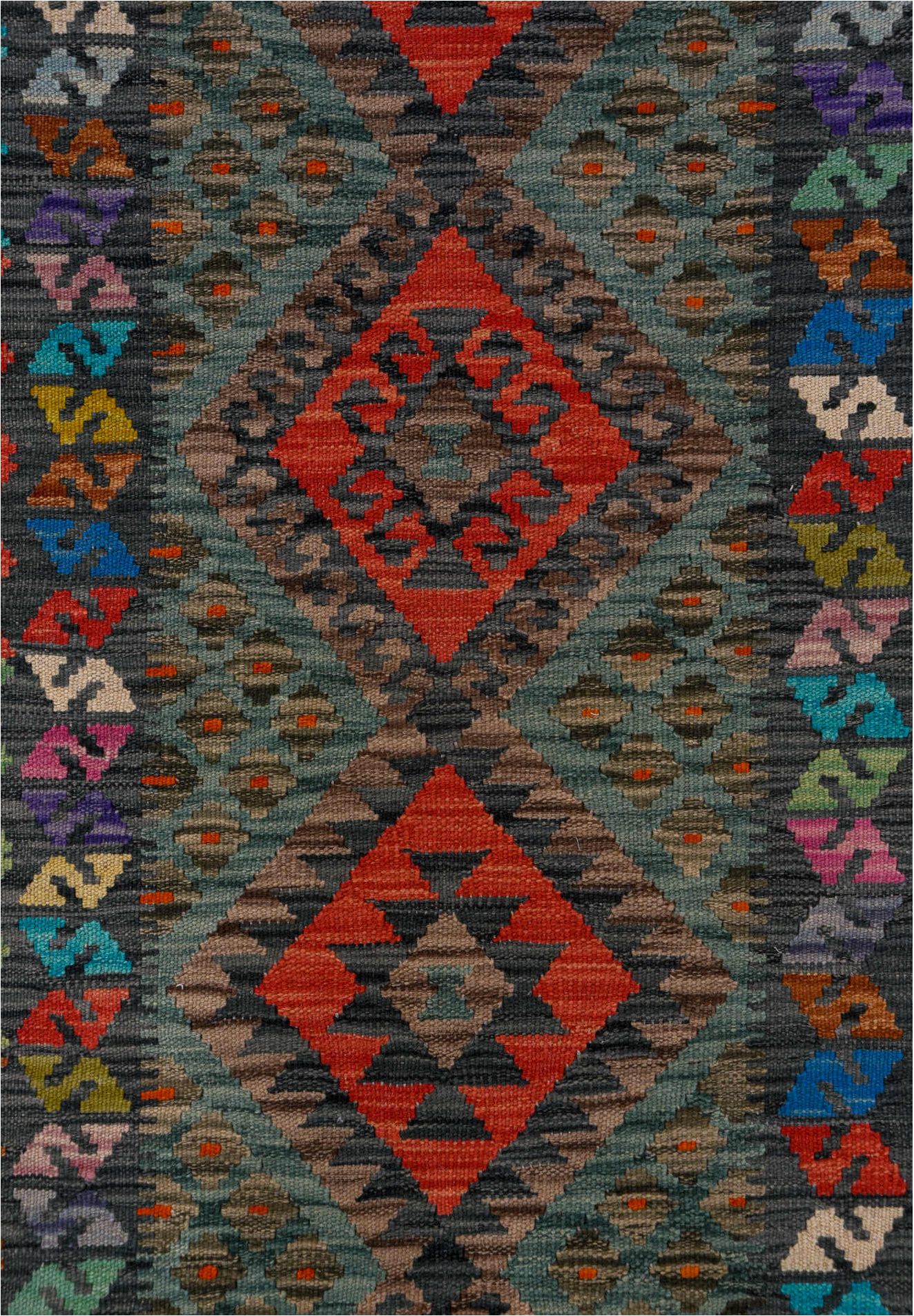 2' x 9' one-of-a-kind handmade vintage Kilim runner rug. Color palette: black, blue, brown, charcoal, gray, green, pink, red