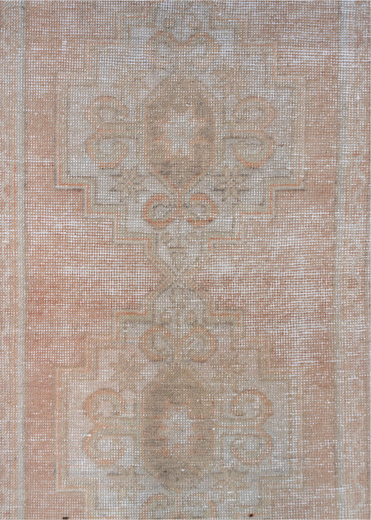 3' x 9' one-of-a-kind handmade vintage Oushak runner rug. Color palette: brown, gray, light gray, off-white, pink, snow